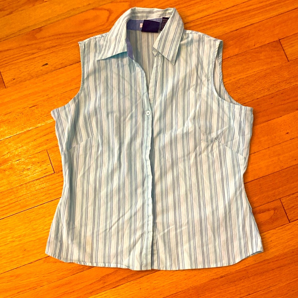 DCC Missy Blue and Whire Striped Sleeveless Button Down Blouse